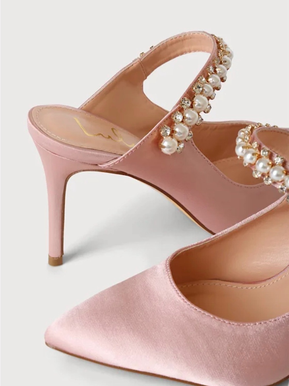 Lulus Sephoraa Rose Gold Satin Pearl Pointed-Toe Mule Pumps - Picture 3 of 9